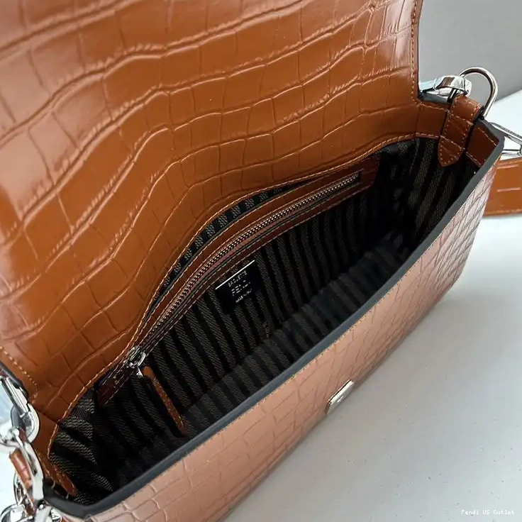 Affordable HOT Leather Baguette Brown Crocodile Bag Medium Re-Edition Fendi In 0412